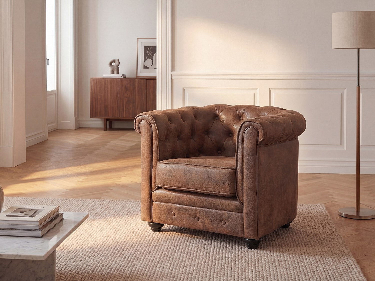 Fauteuil Chesterfield simili cuir Vieilli Marron