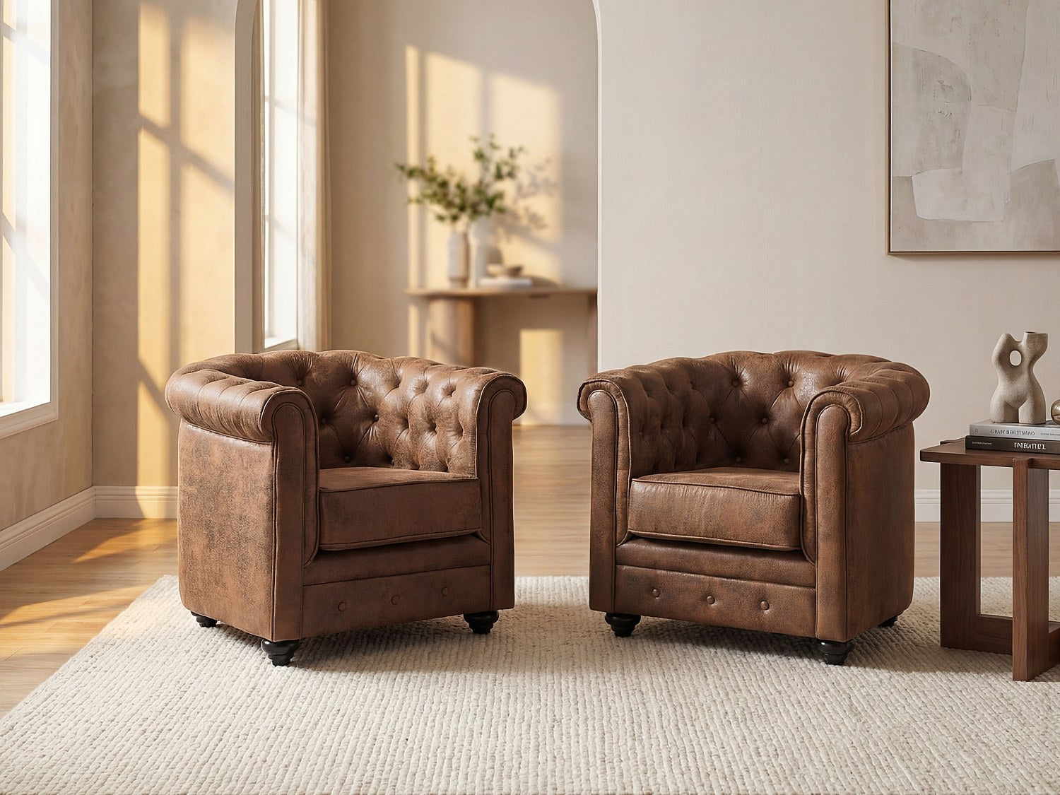 Lot de 2 fauteuils Chesterfield marron tissu