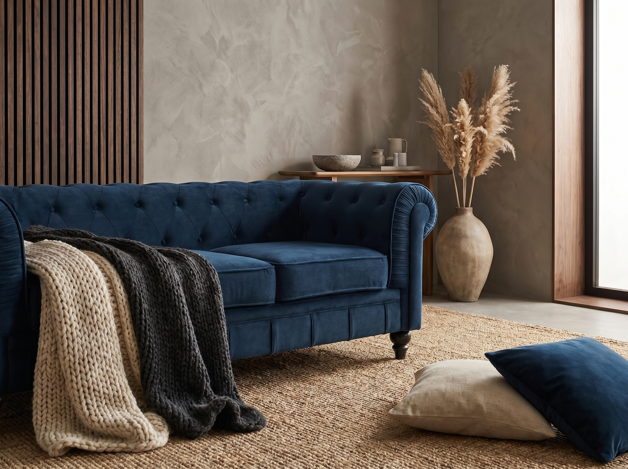 Canapé Chesterfield 2 Places Velours Bleu Nuit - Altesse