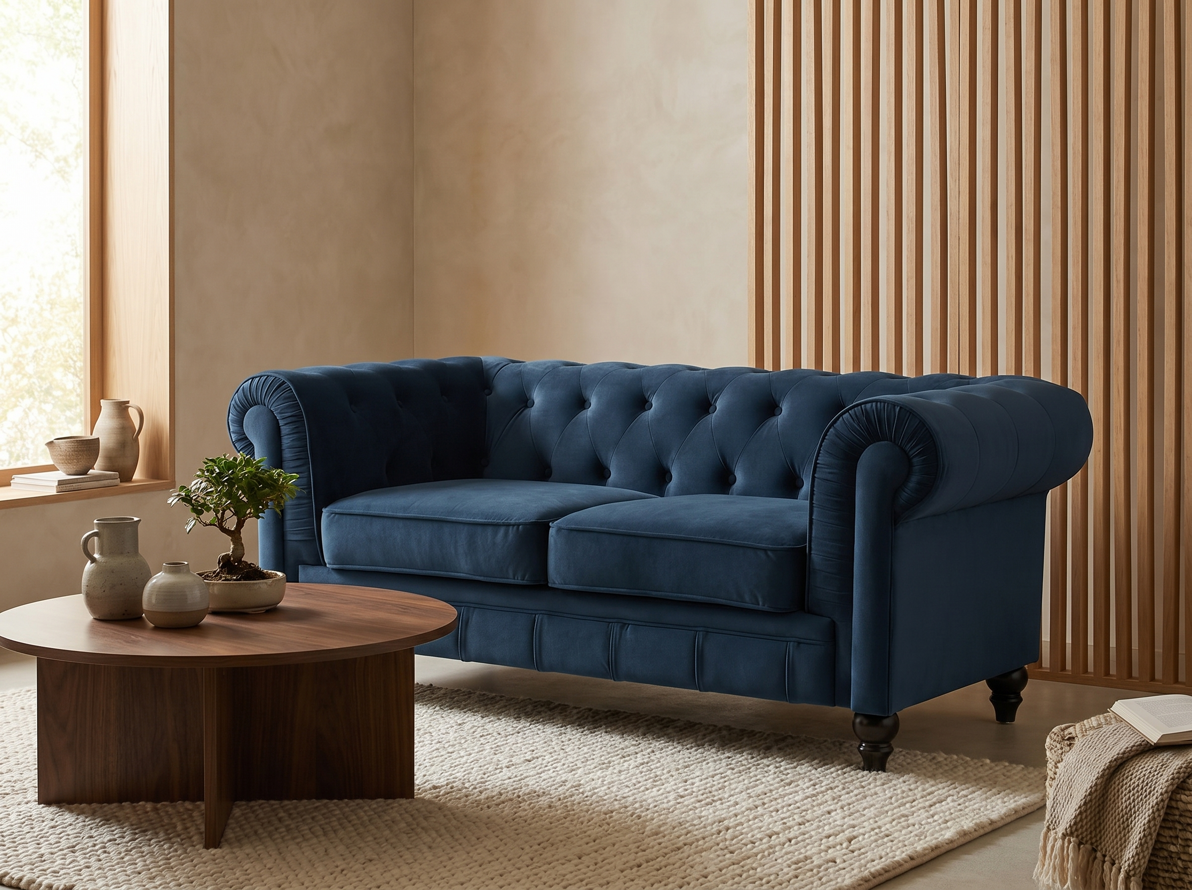 Canapé Chesterfield 2 Places Velours Bleu Nuit - Altesse