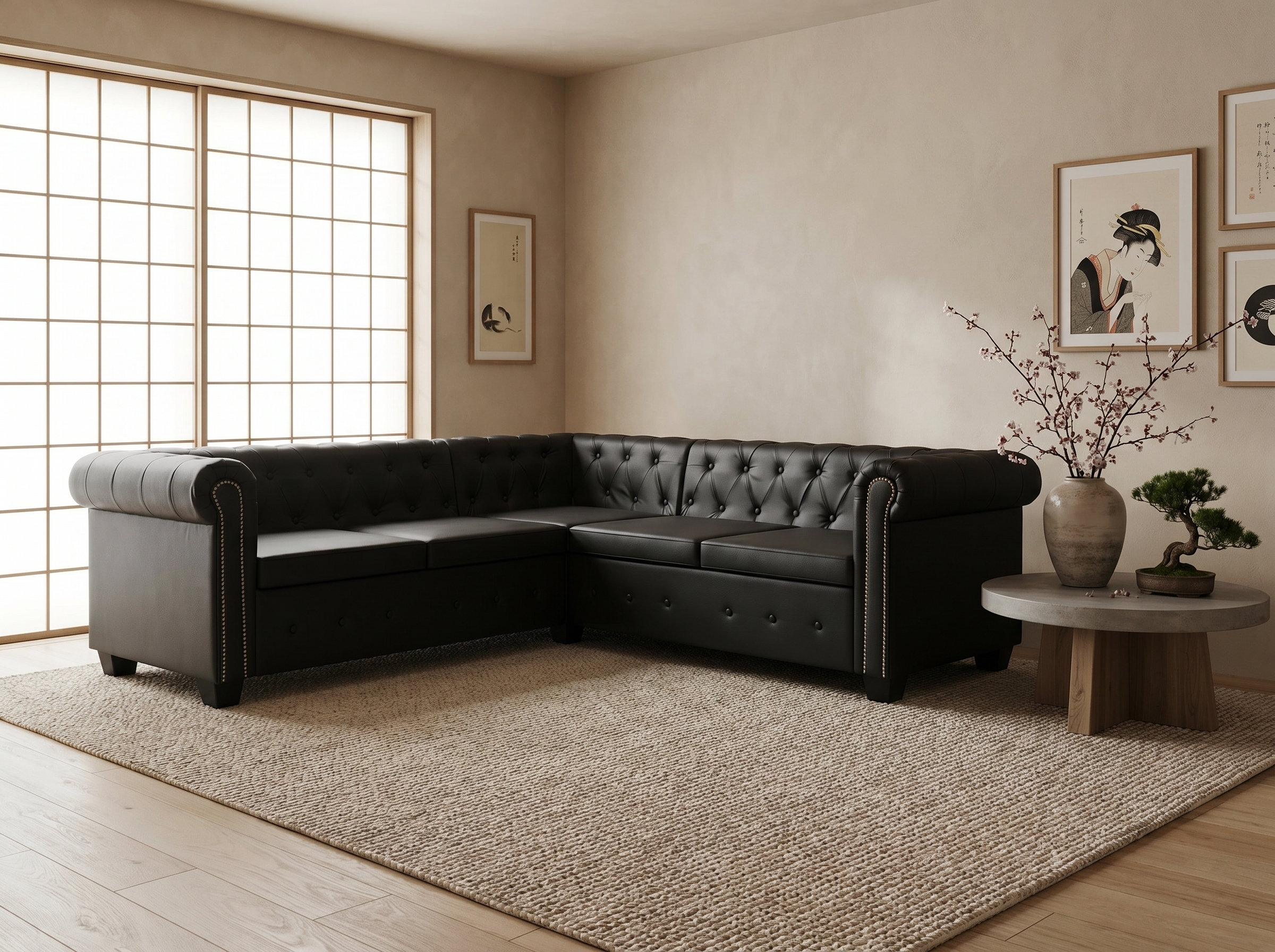 Canapé Chesterfield d'Angle 5 Places Simili Cuir Noir