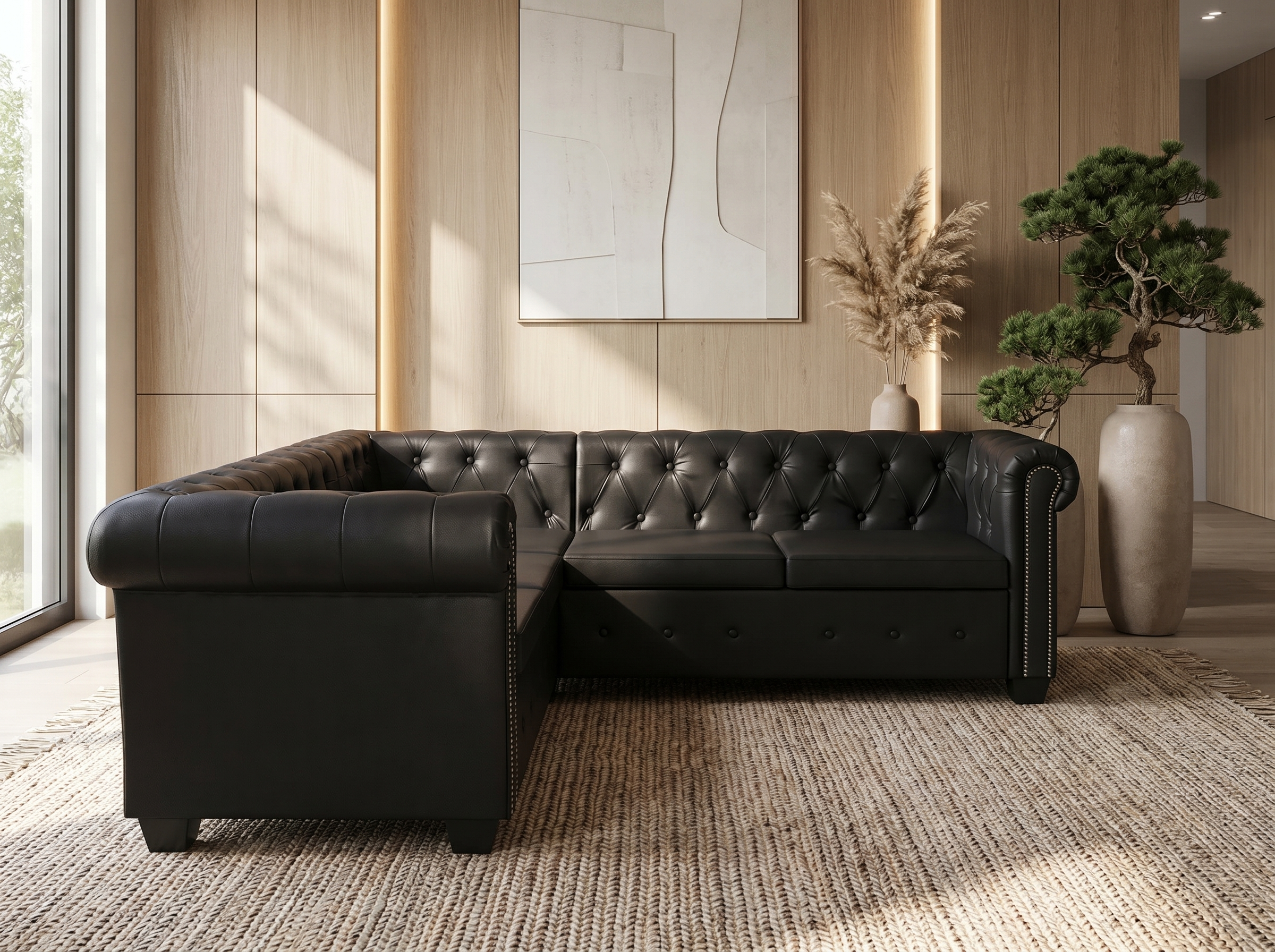 Canapé Chesterfield d'Angle 5 Places Simili Cuir Noir