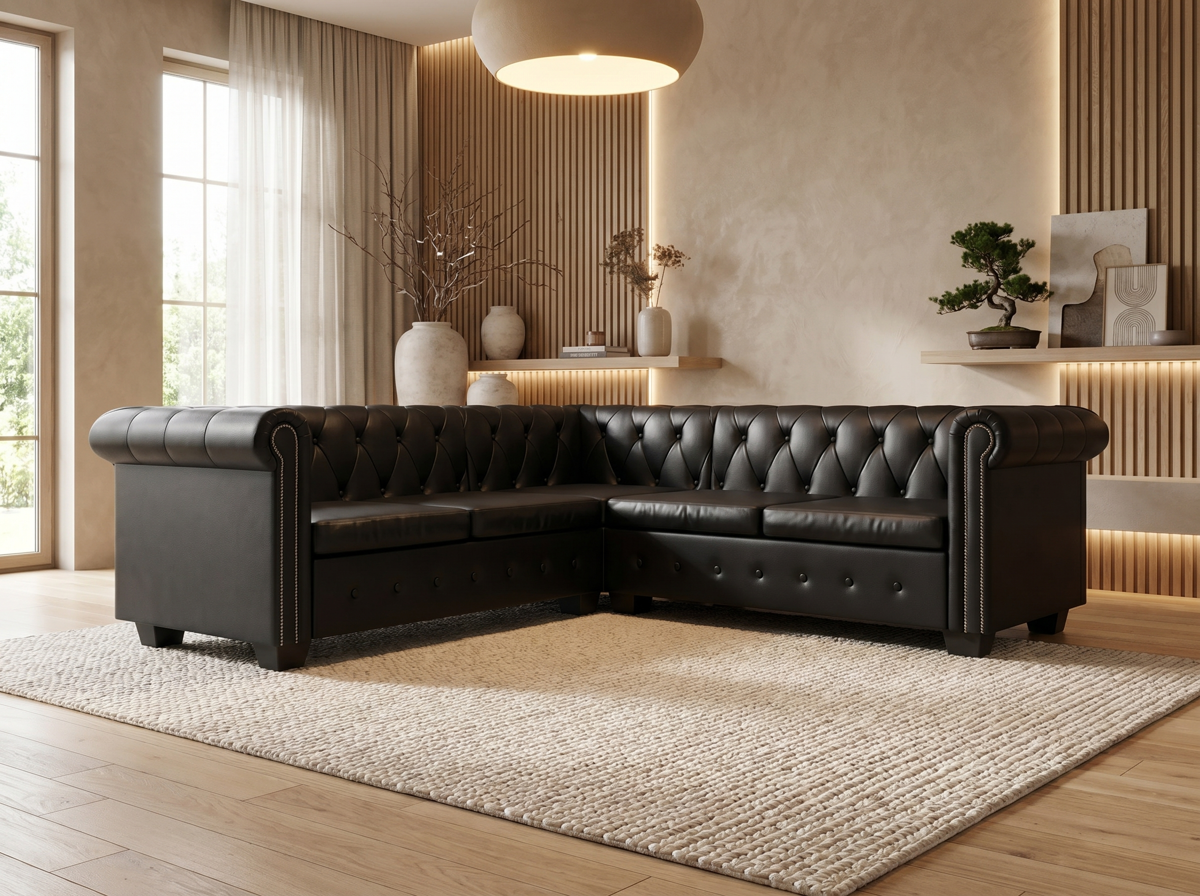 Canapé Chesterfield d'Angle 5 Places Simili Cuir Noir