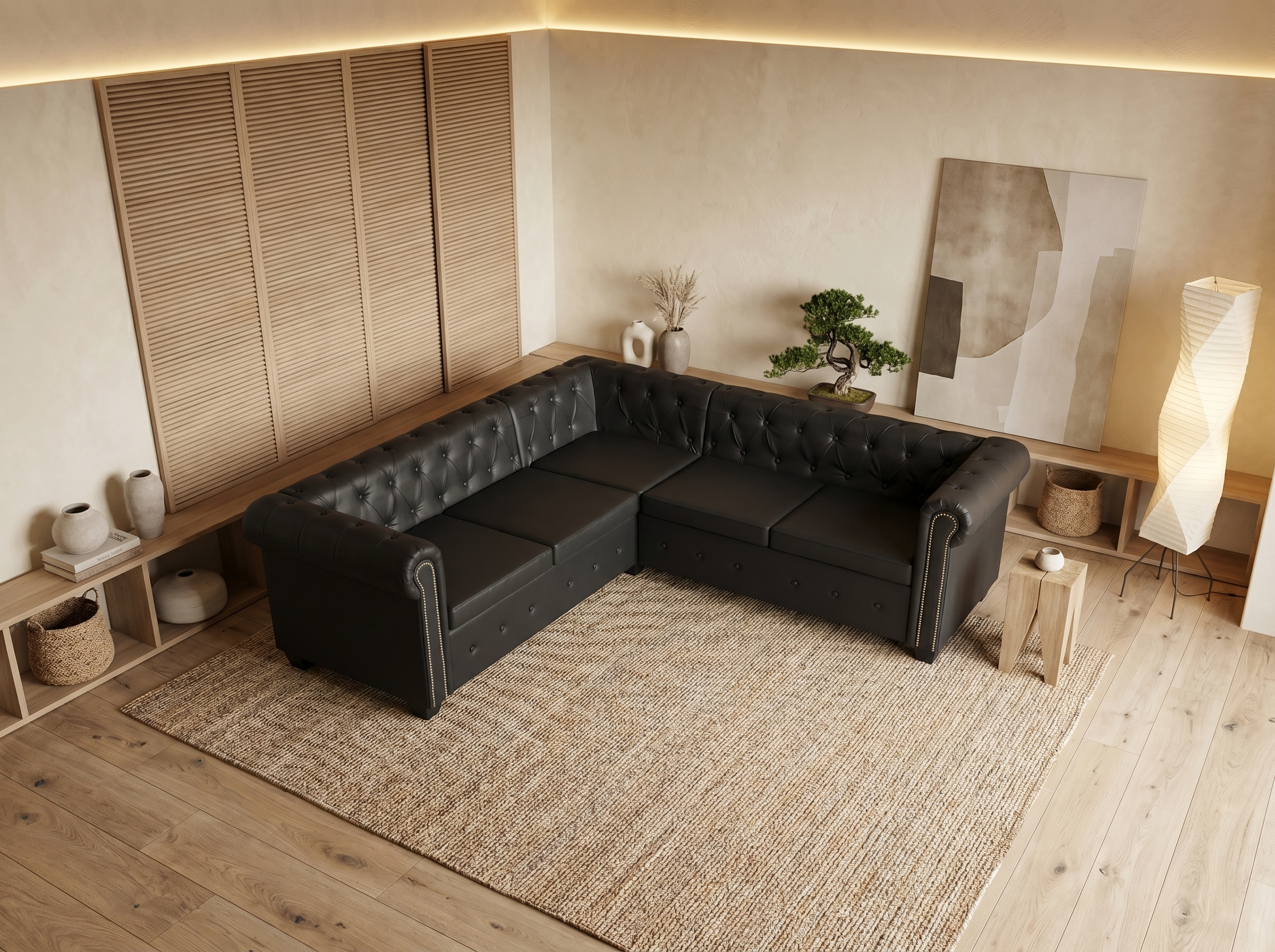 Canapé Chesterfield d'Angle 5 Places Simili Cuir Noir