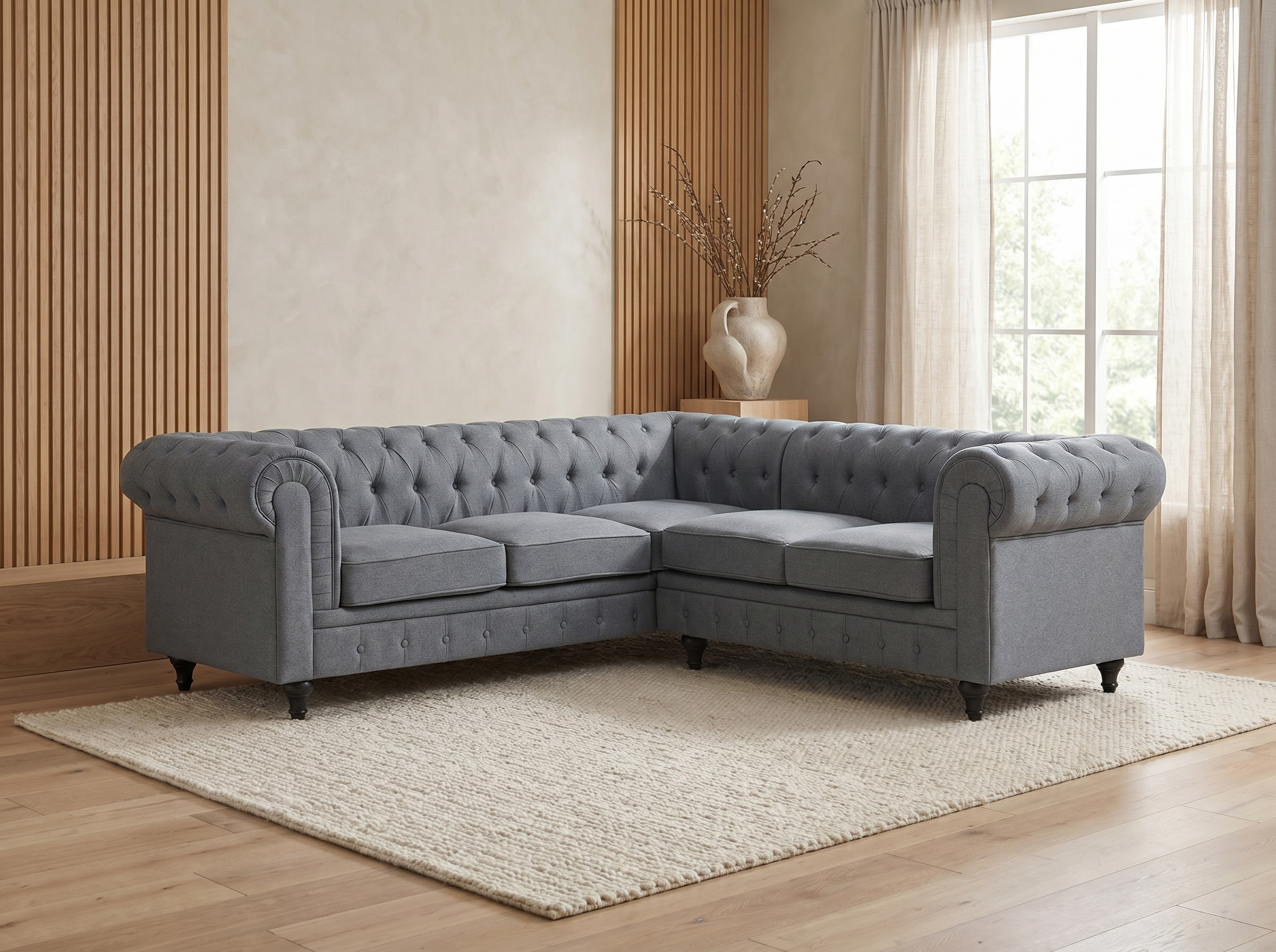 Canapé Chesterfield d'Angle 6 Places Coton Gris