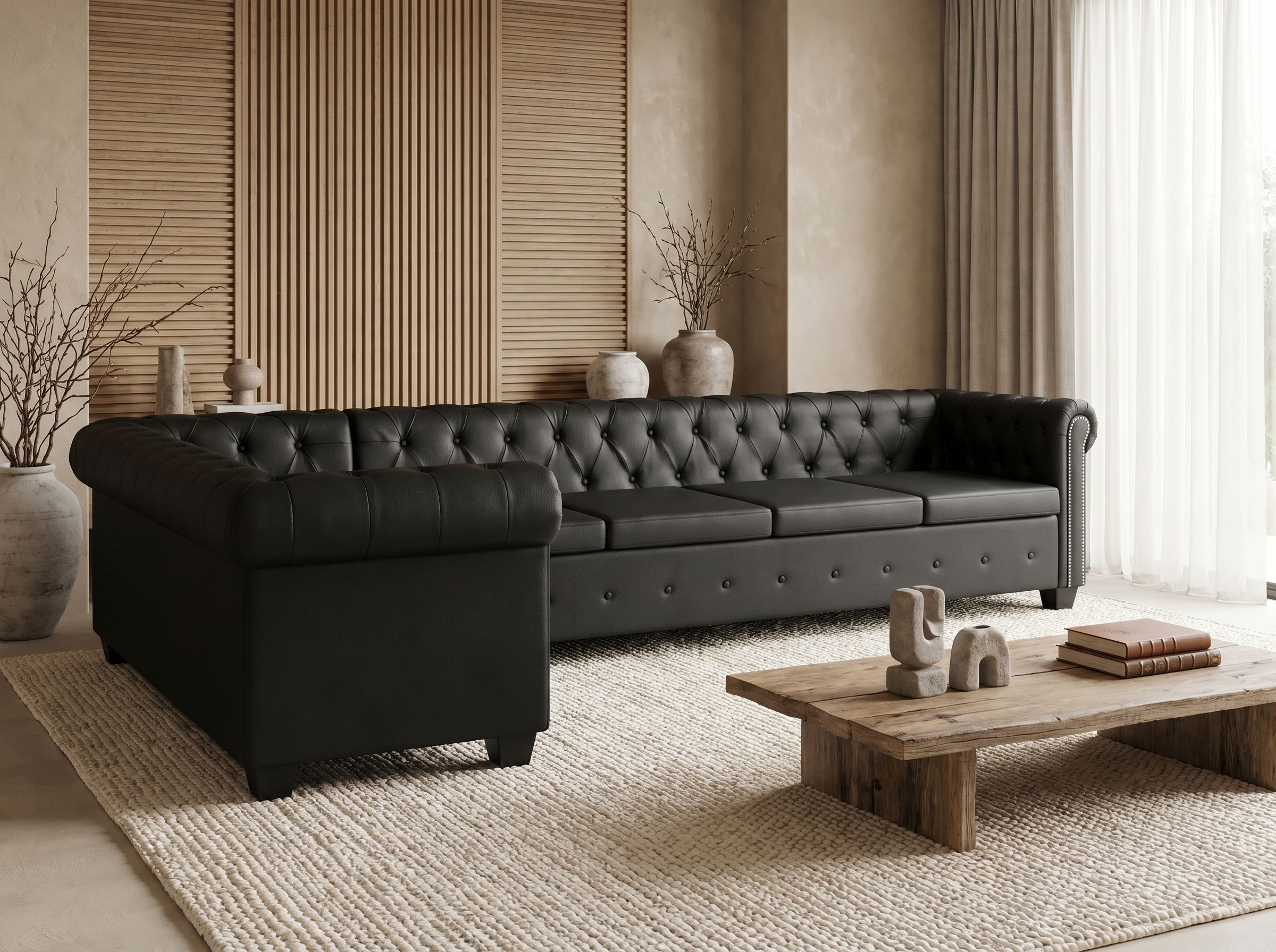 Canapé Chesterfield d'Angle 6 Places Fausse Fourrure Noir