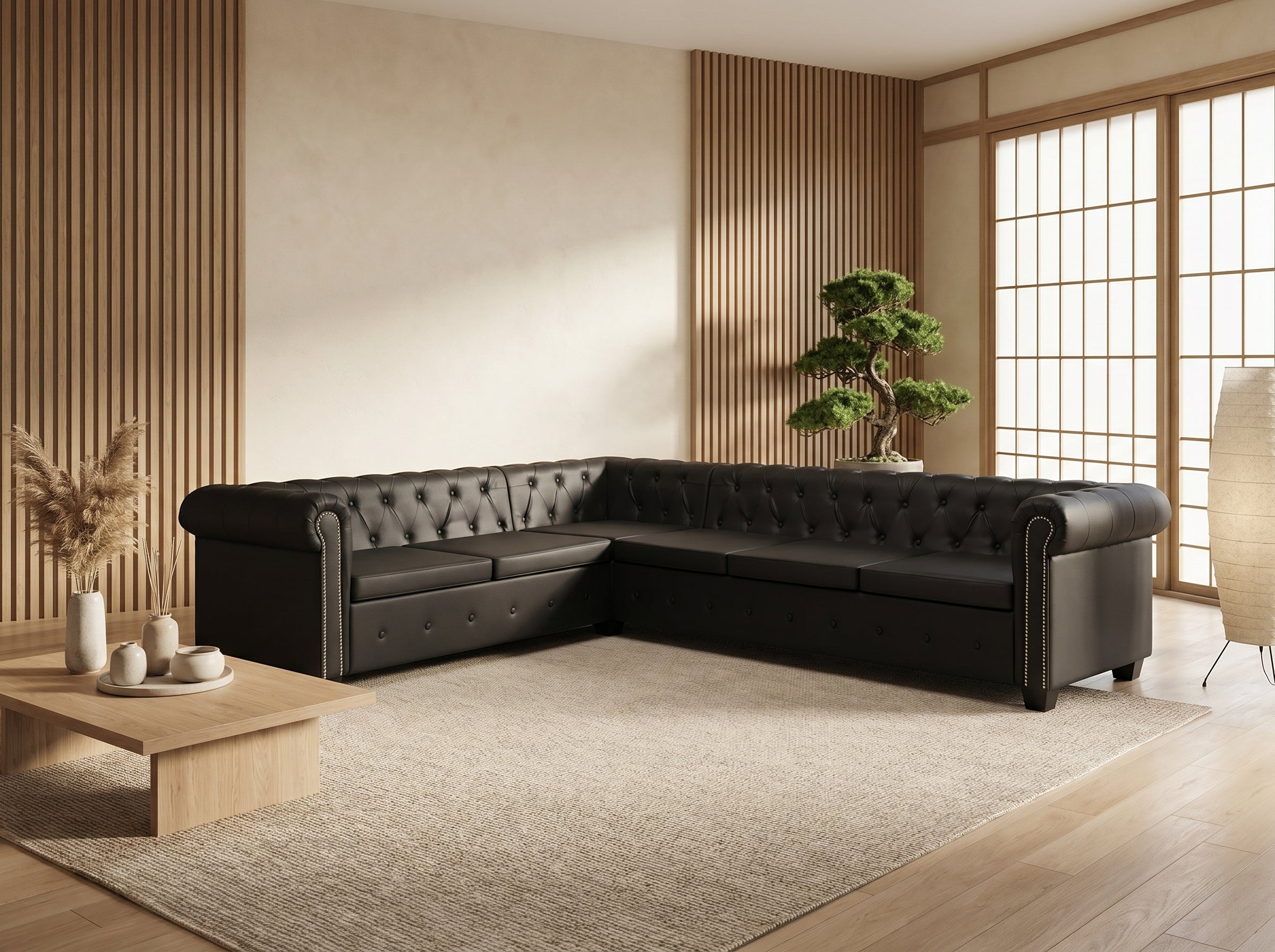 Canapé Chesterfield d'Angle 6 Places Fausse Fourrure Noir