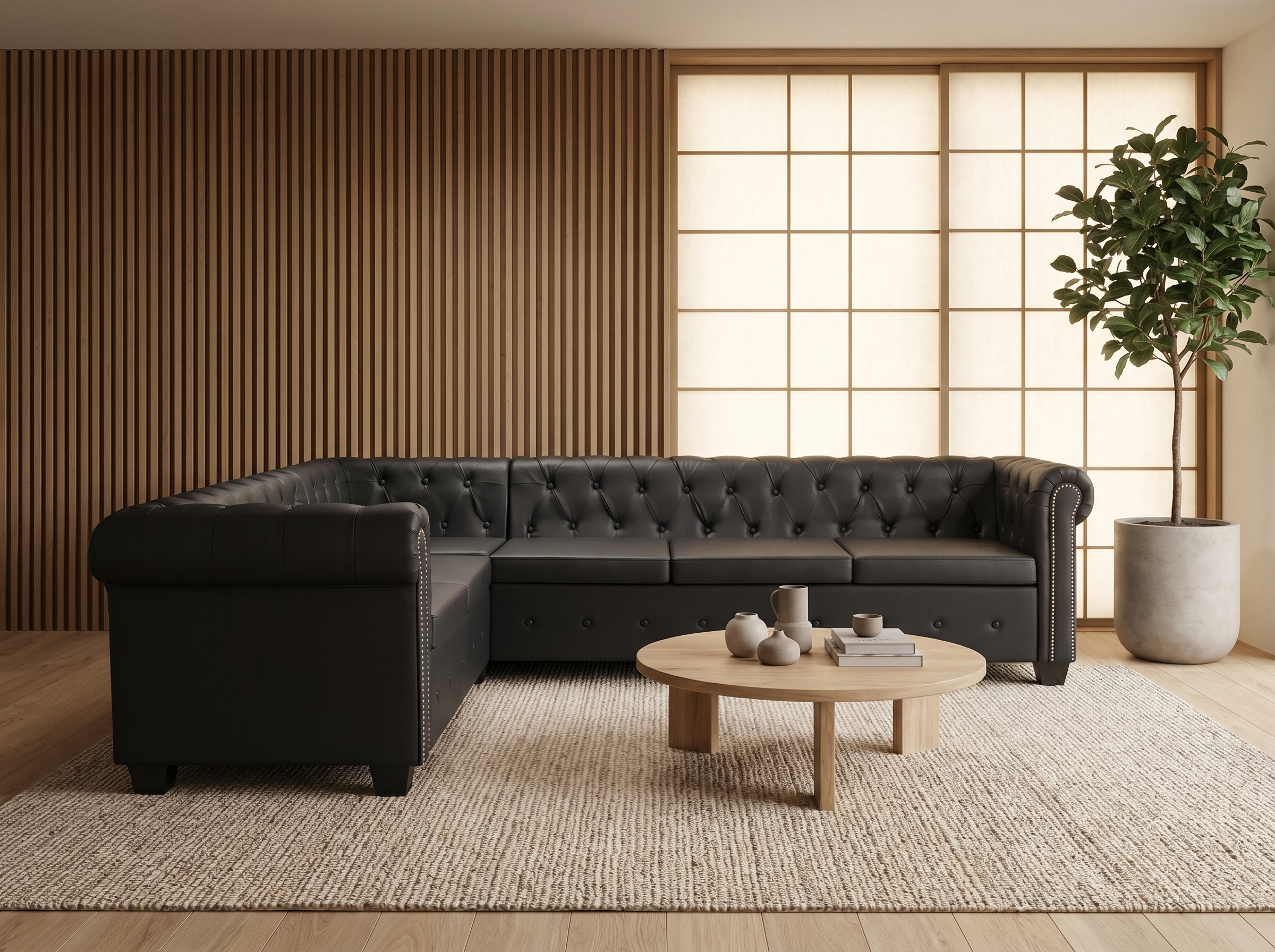 Canapé Chesterfield d'Angle 6 Places Fausse Fourrure Noir
