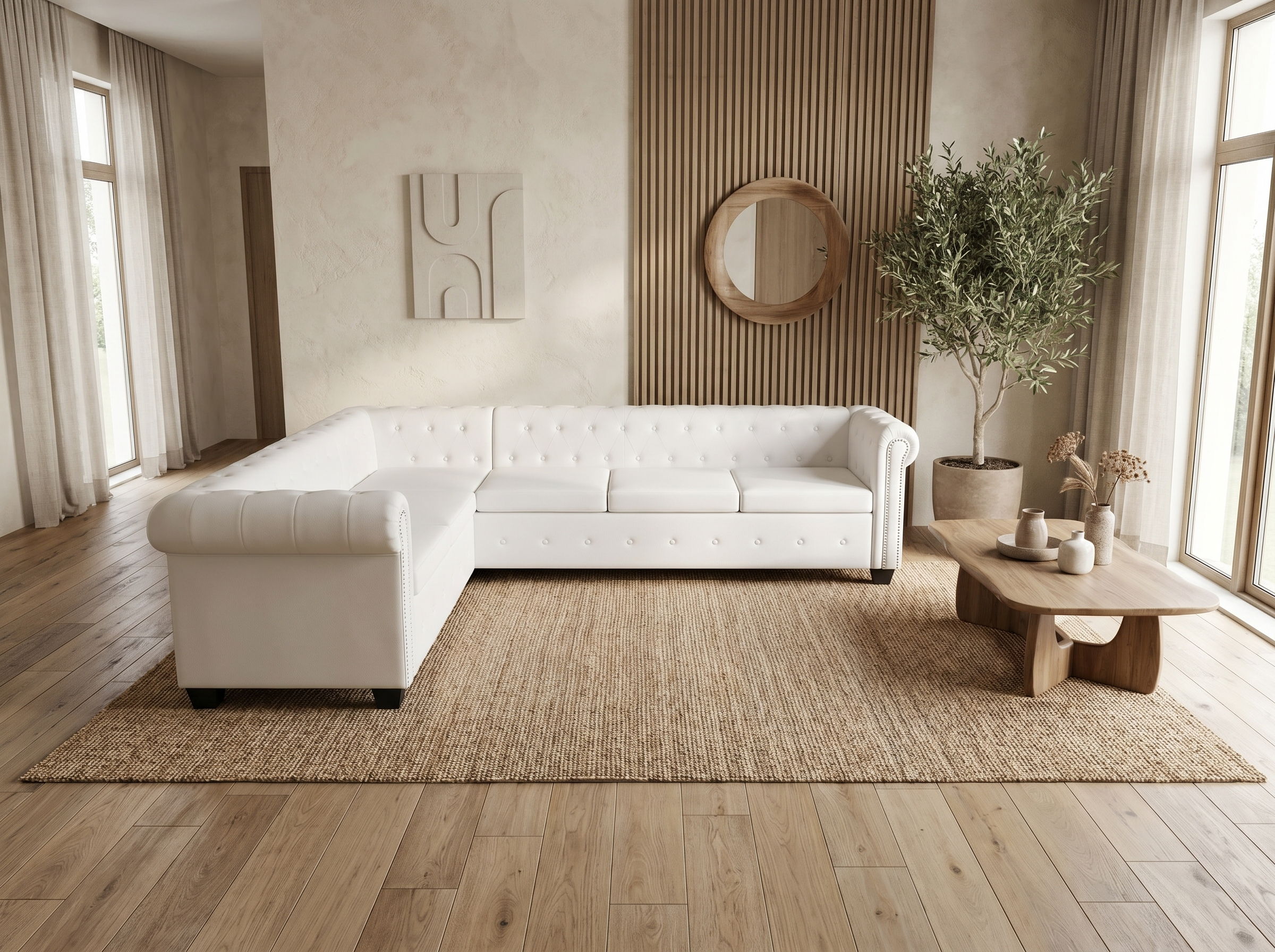 Canapé Chesterfield d'Angle 6 Places Cuir Blanc