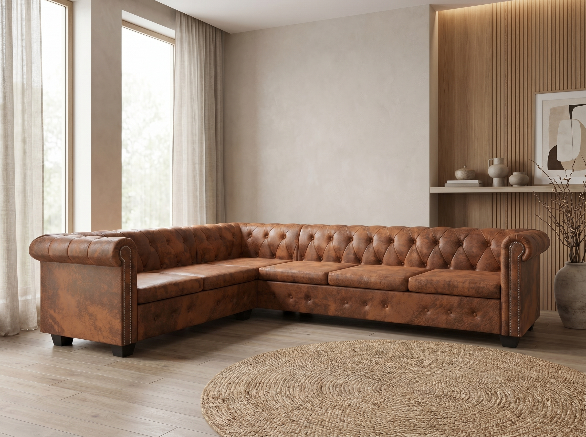 Canapé Chesterfield d'Angle 6 Places Simili Cuir Vieilli Marron