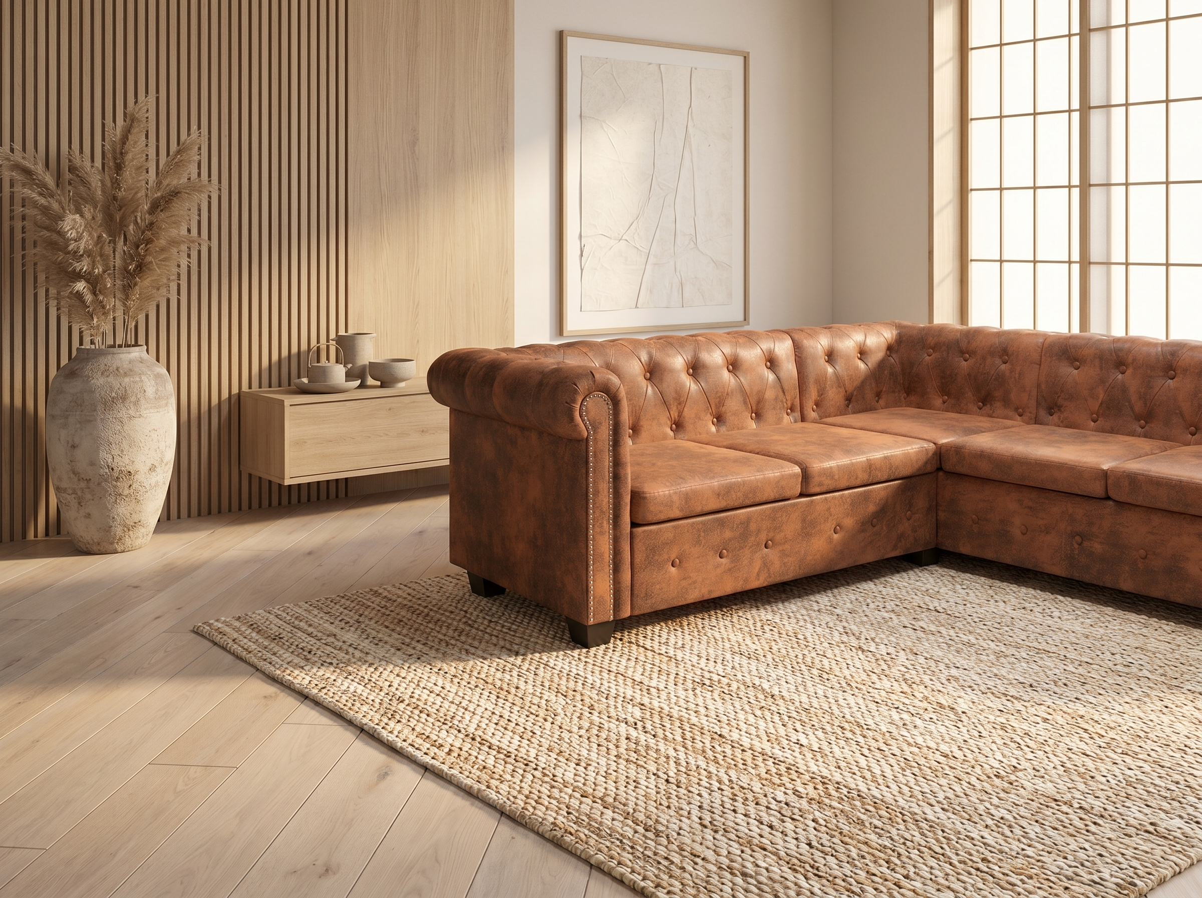 Canapé Chesterfield d'Angle 6 Places Simili Cuir Vieilli Marron