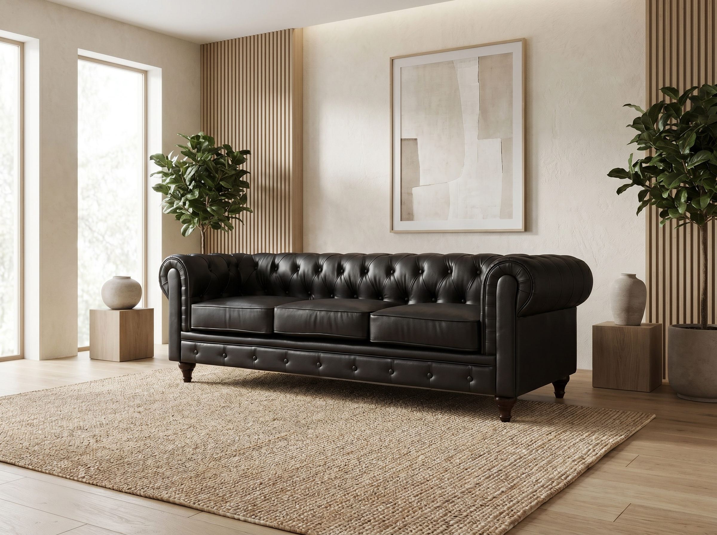 Canapé Chesterfield 3 Places Tissu Marron - Aliza