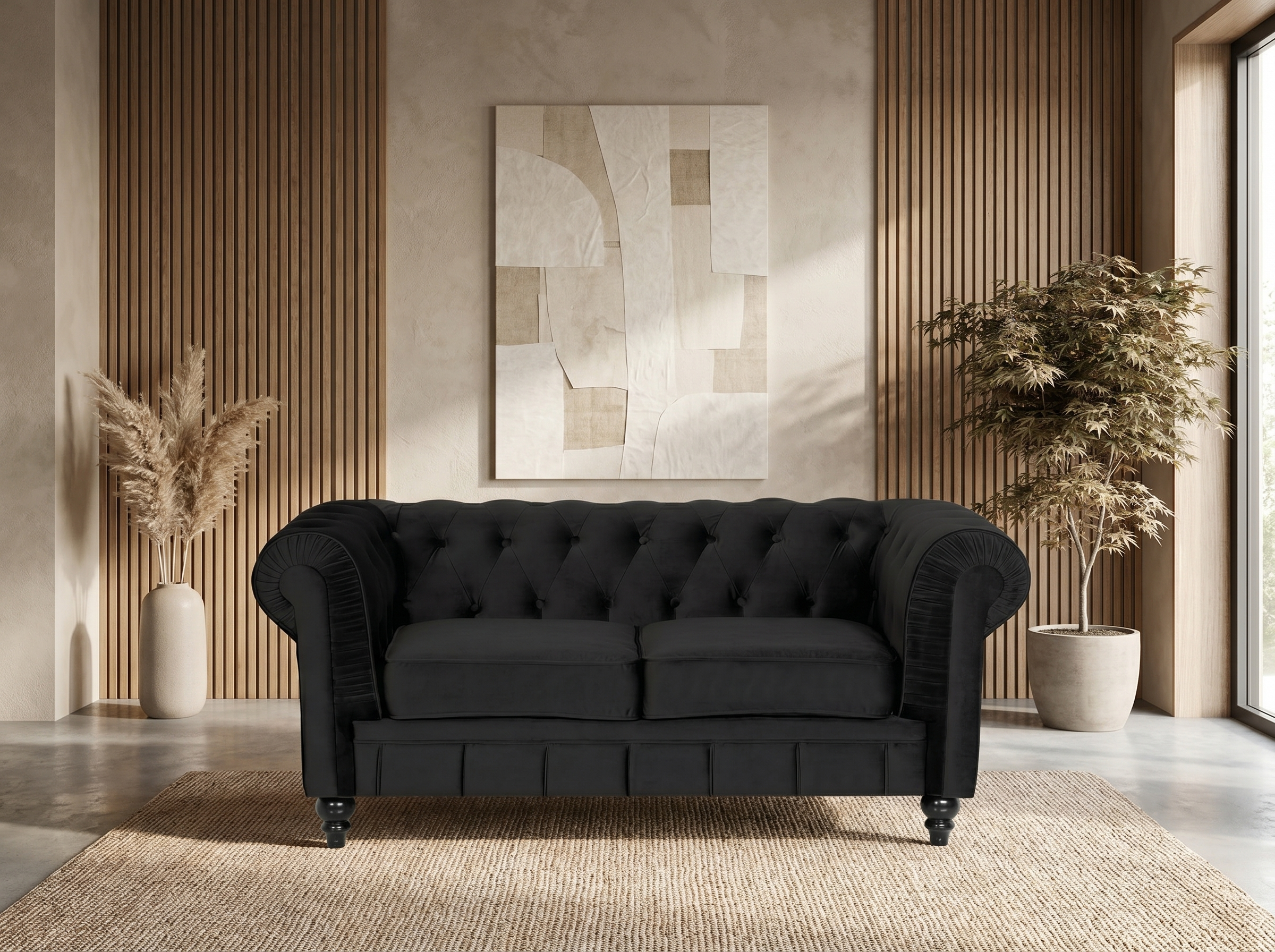 Canapé Chesterfield 2 Places Velours Noir - Altesse