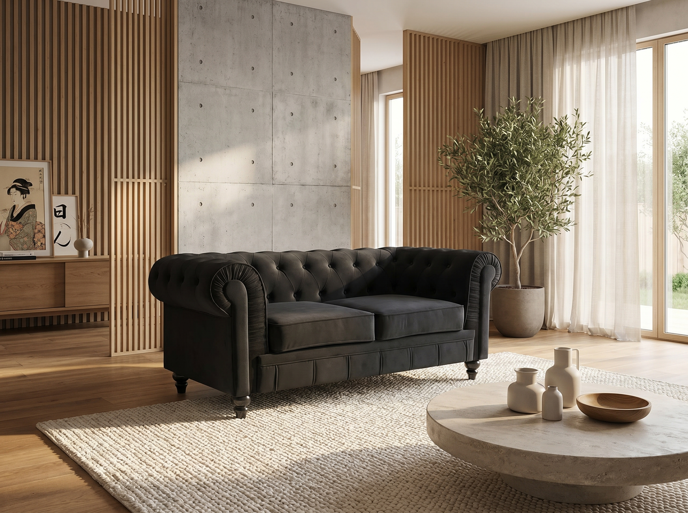 Canapé Chesterfield 2 Places Velours Noir - Altesse