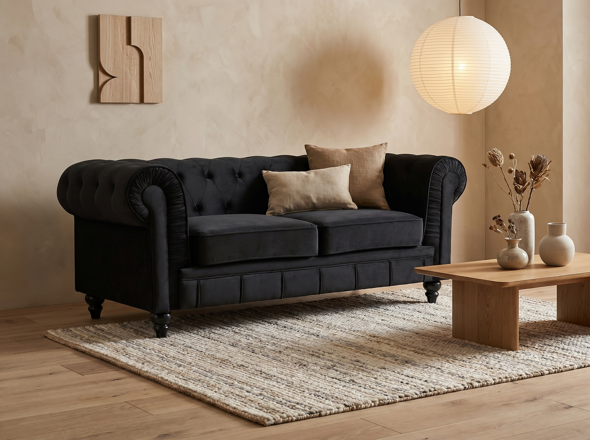 Canapé Chesterfield 2 Places Velours Noir - Altesse