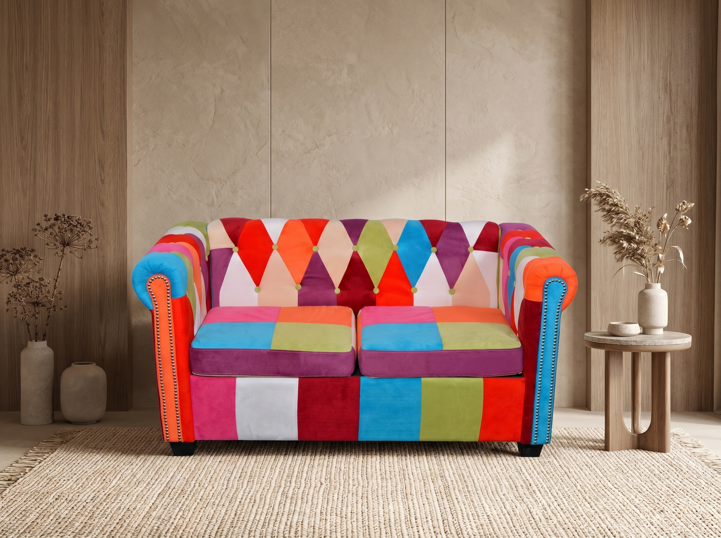Canapé Chesterfield 2 Places Tissu Multicolore