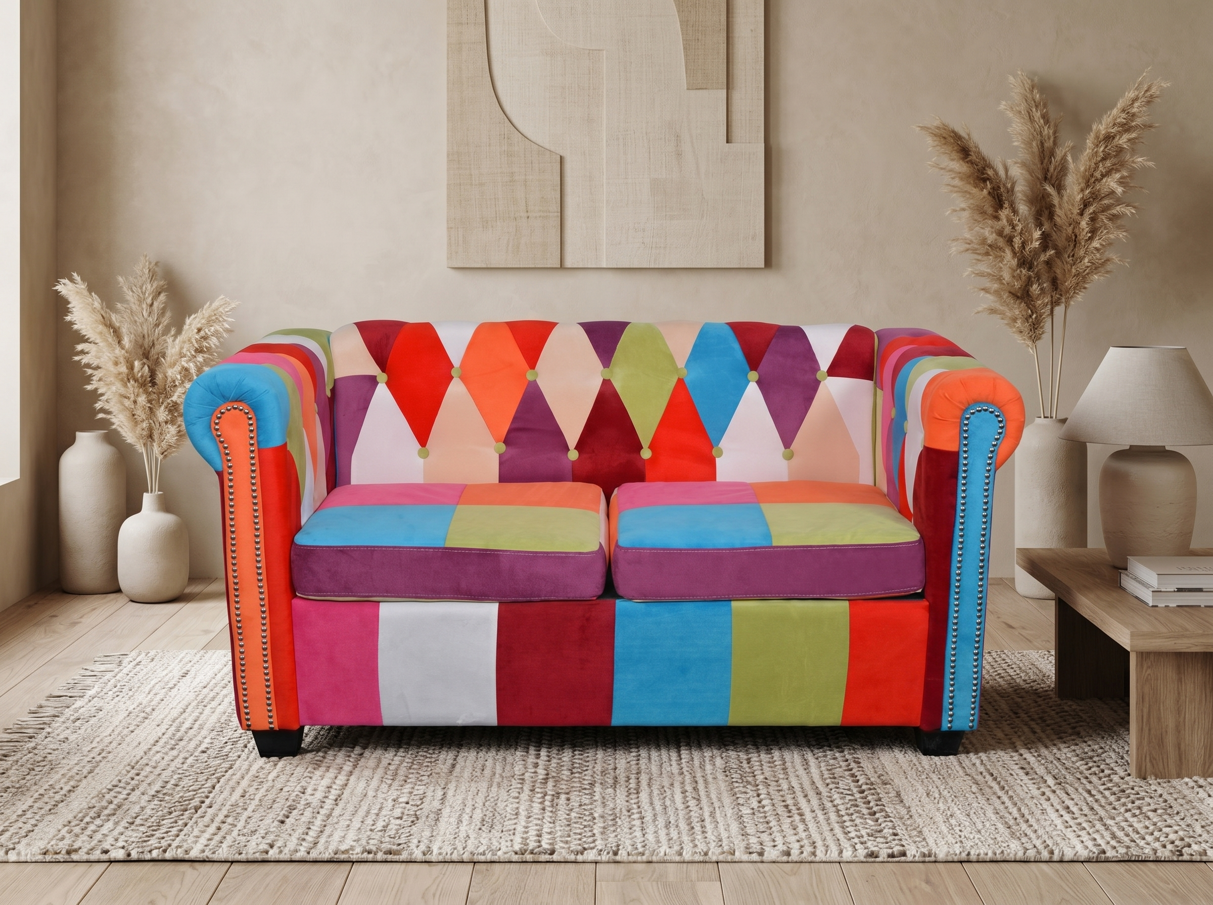 Canapé Chesterfield 2 Places Tissu Multicolore