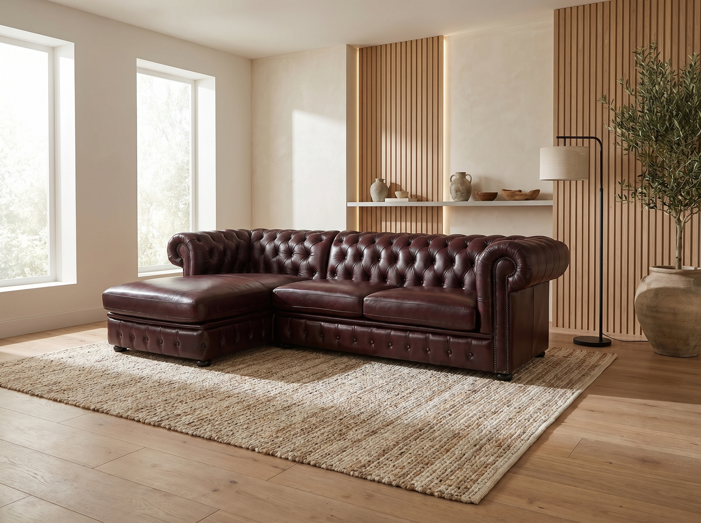 Canapé Chesterfield d'Angle 5 Places Cuir Marron Chocolat - Brenton