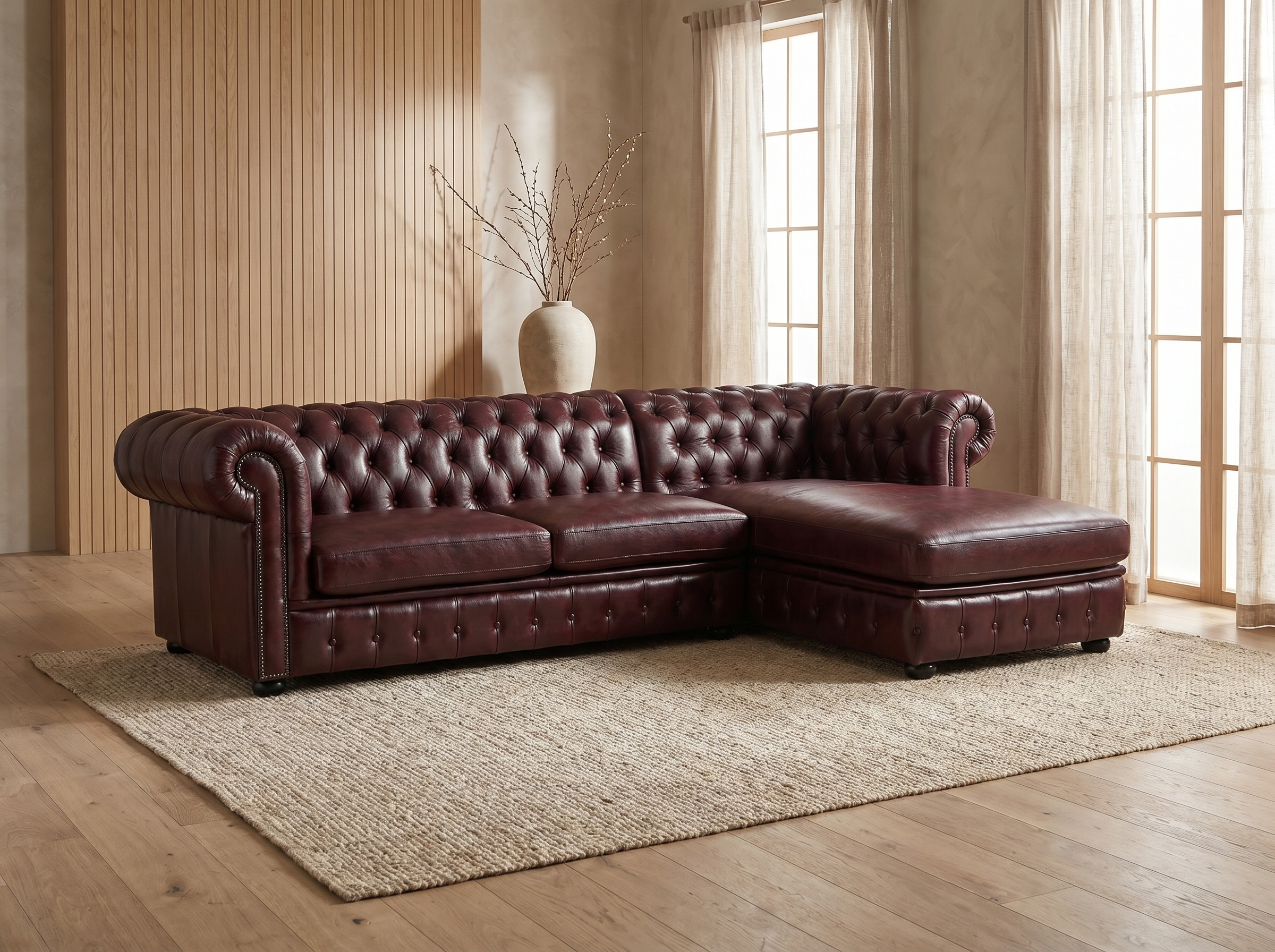 Canapé Chesterfield d'Angle 5 Places Cuir Marron Chocolat - Brenton