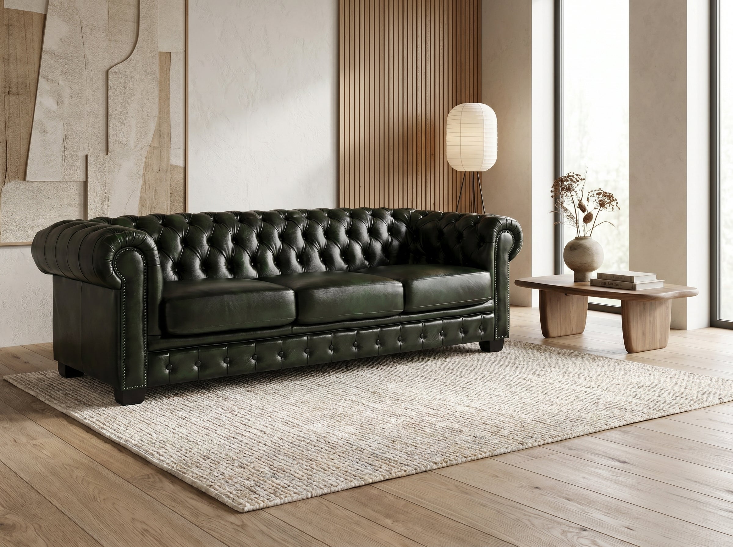 Canapé Chesterfield 4 Places Cuir Vert Sapin - Brenton