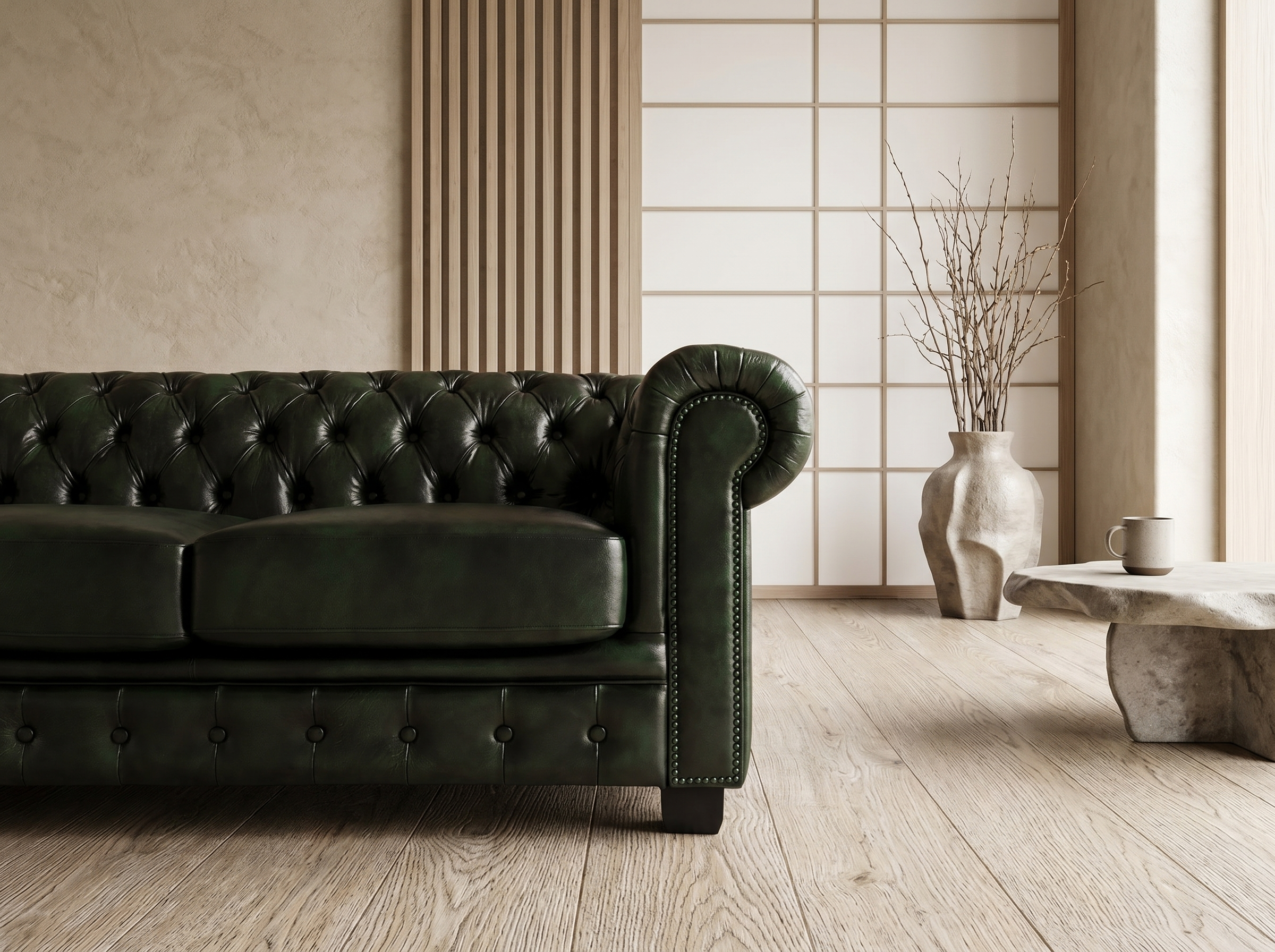Canapé Chesterfield 4 Places Cuir Vert Sapin - Brenton