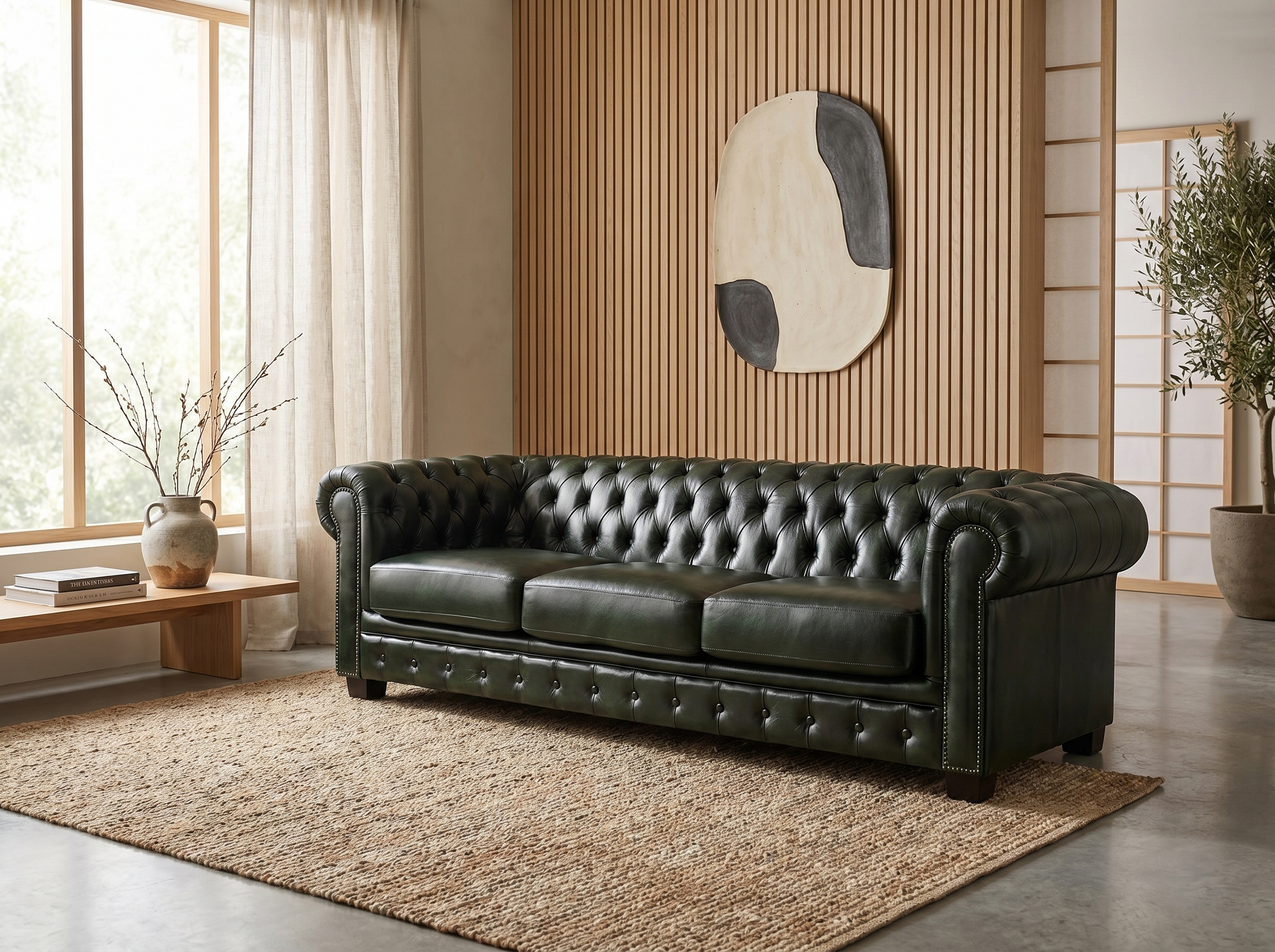 Canapé Chesterfield 4 Places Cuir Vert Sapin - Brenton