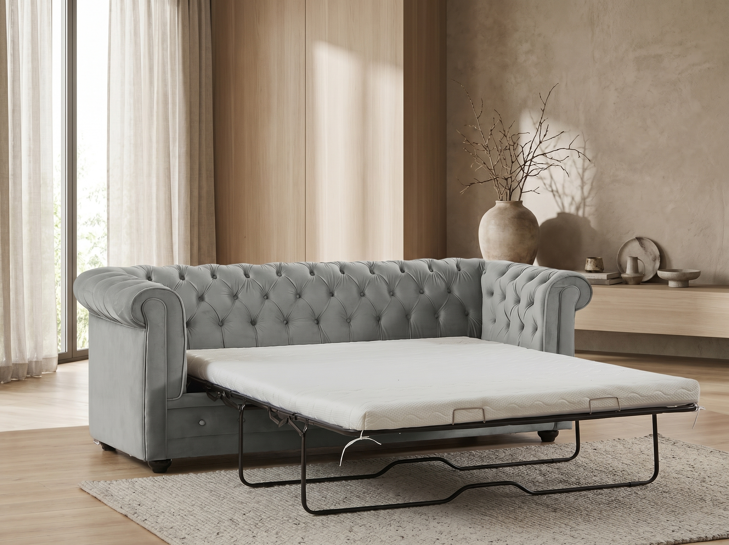 Canapé Chesterfield Convertible 3 Places Velours Gris Clair
