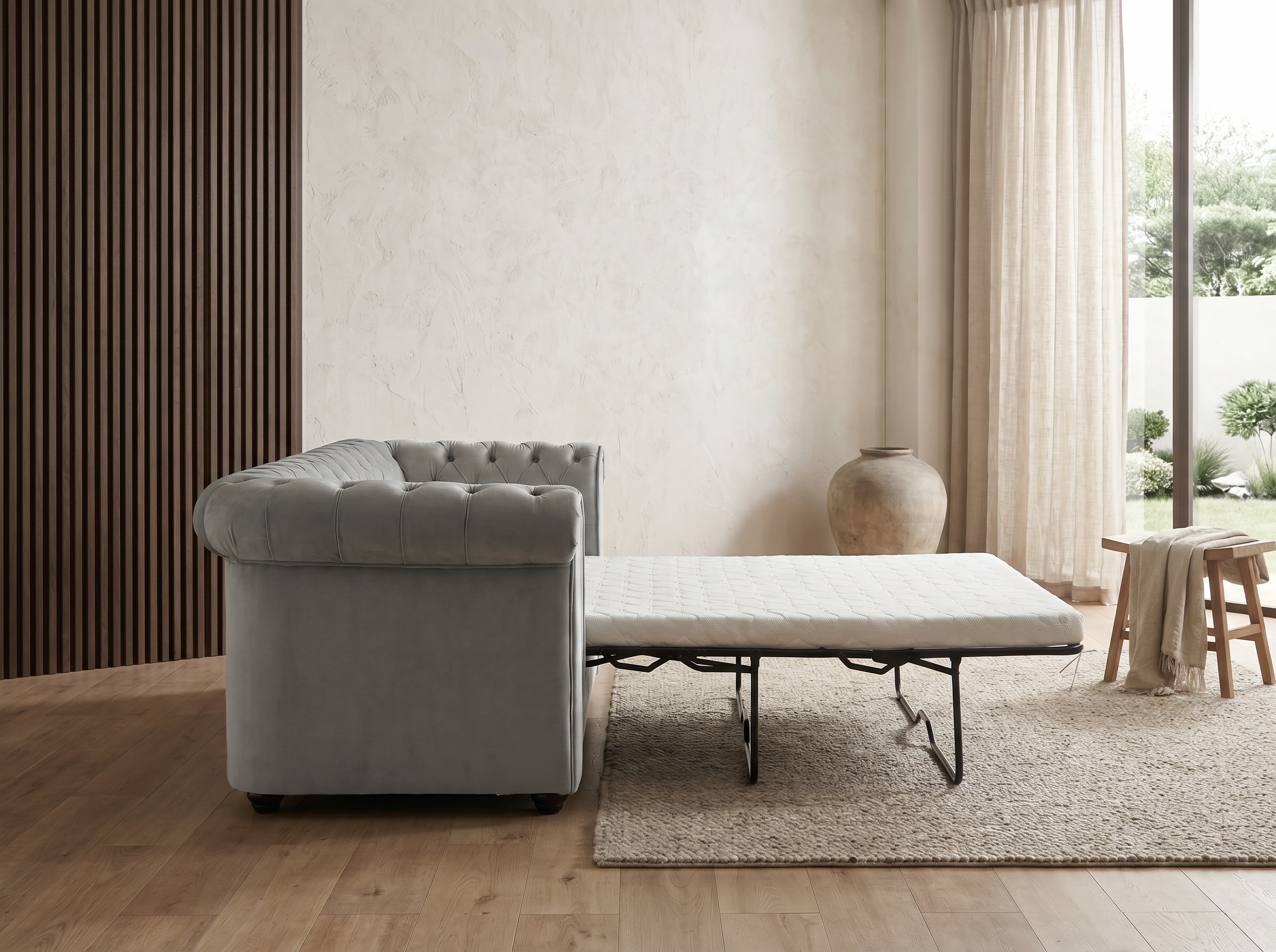 Canapé Chesterfield Convertible 3 Places Velours Gris Clair