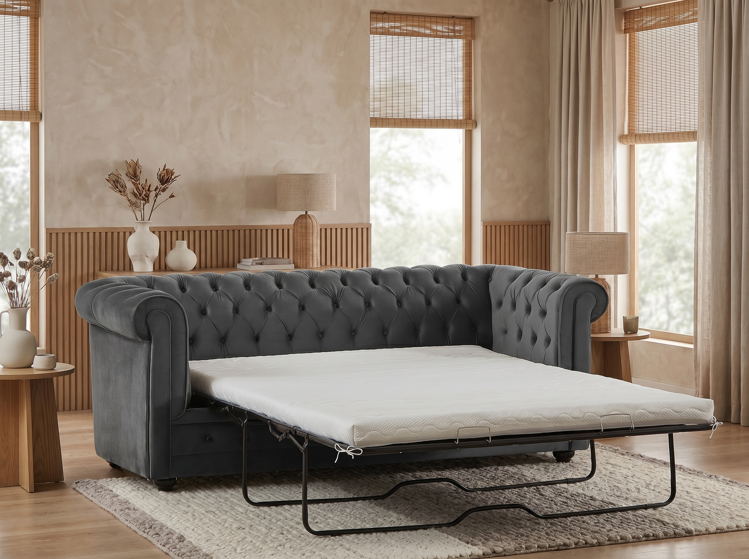 Canapé Chesterfield 3 Places Velours Gris Anthracite