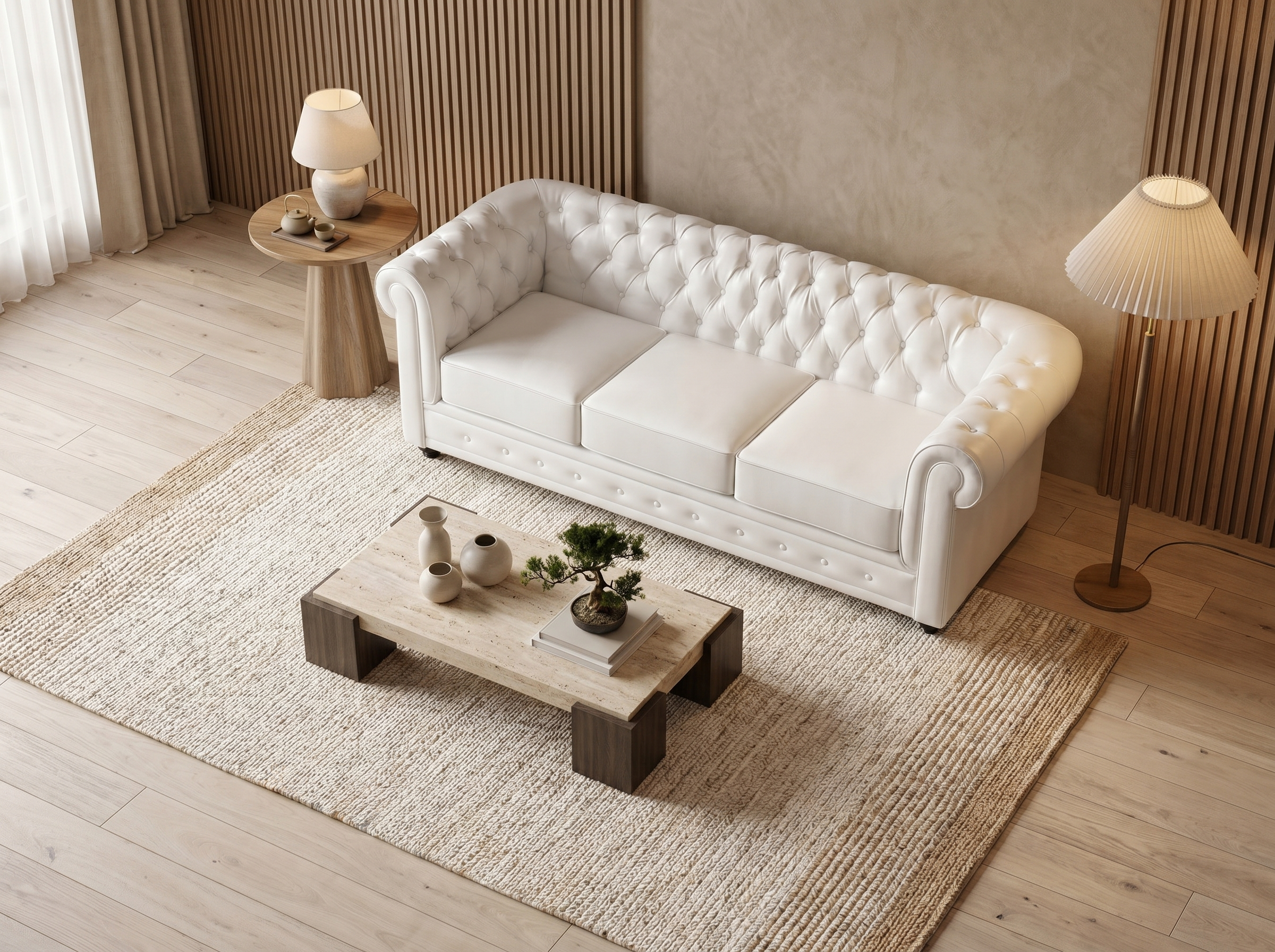 Canapé Chesterfield 3 Places Simili Cuir Blanc