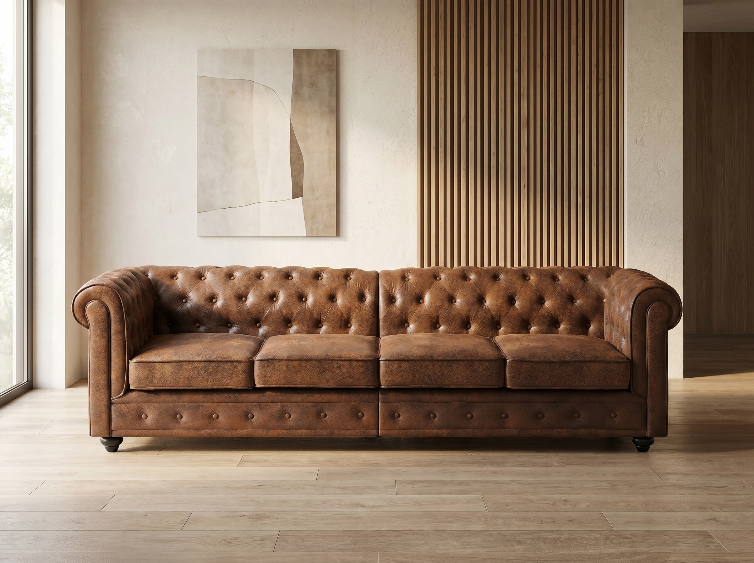 Canapé Chesterfield 4 Places Tissu Microfibre Vieilli Marron