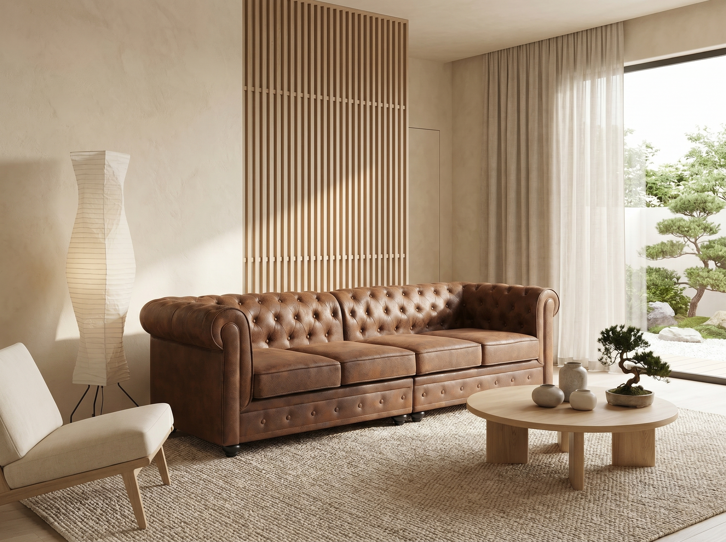 Canapé Chesterfield 4 Places Tissu Microfibre Vieilli Marron