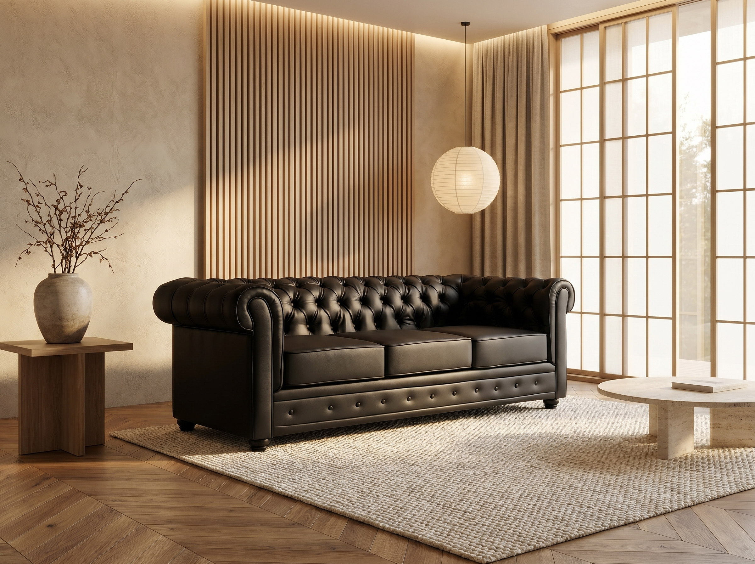 Canapé Chesterfield 3 Places Simili Cuir Noir
