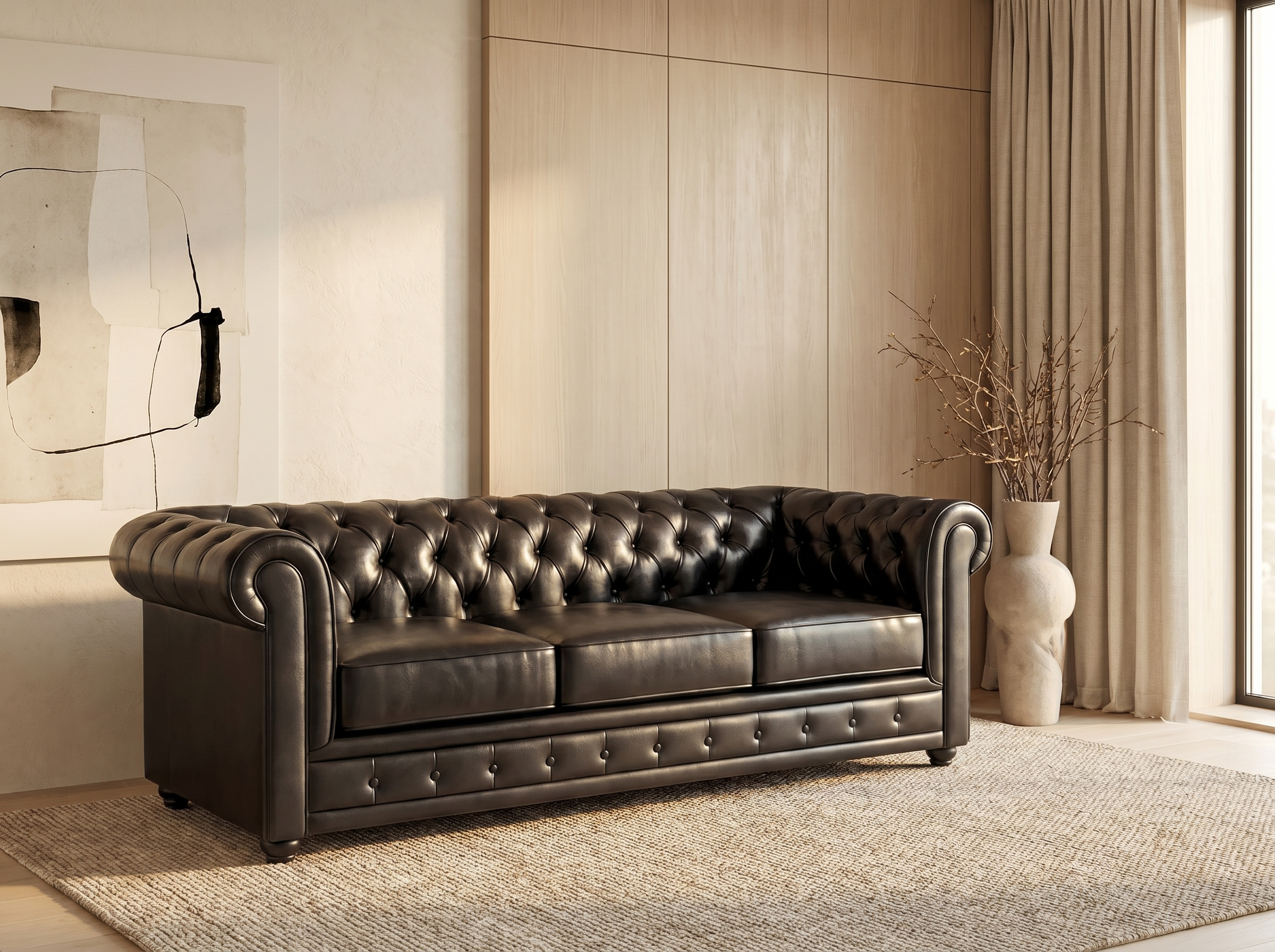 Canapé Chesterfield 3 Places Simili Cuir Noir