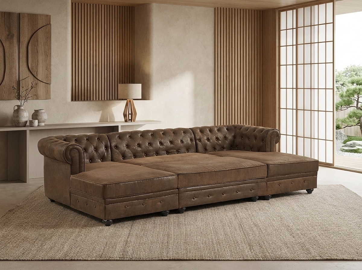 Canapé Chesterfield Panoramique 5 Places Simili Cuir Vieilli Marron