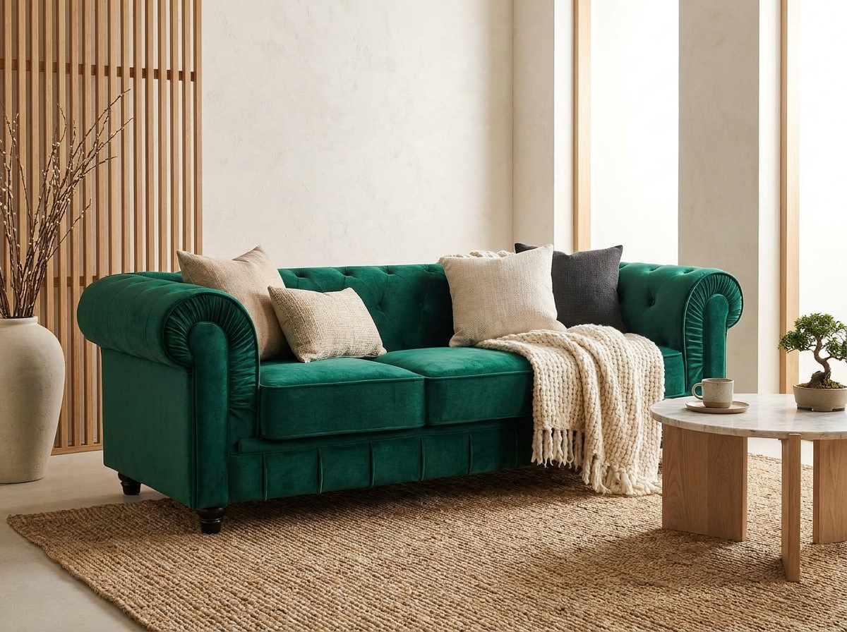 Canapé Chesterfield 3 Places Velours Vert