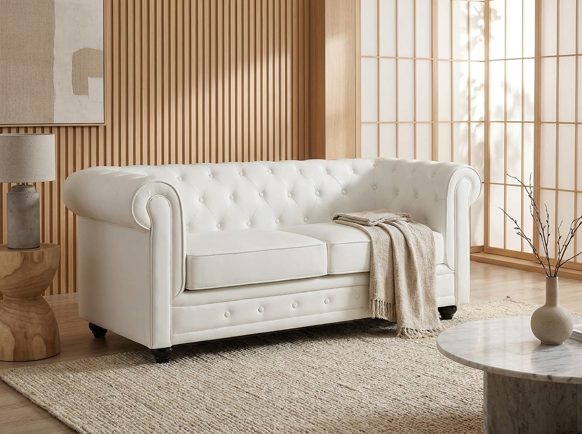 Canapé Chesterfield 2 Places Simili Cuir Blanc