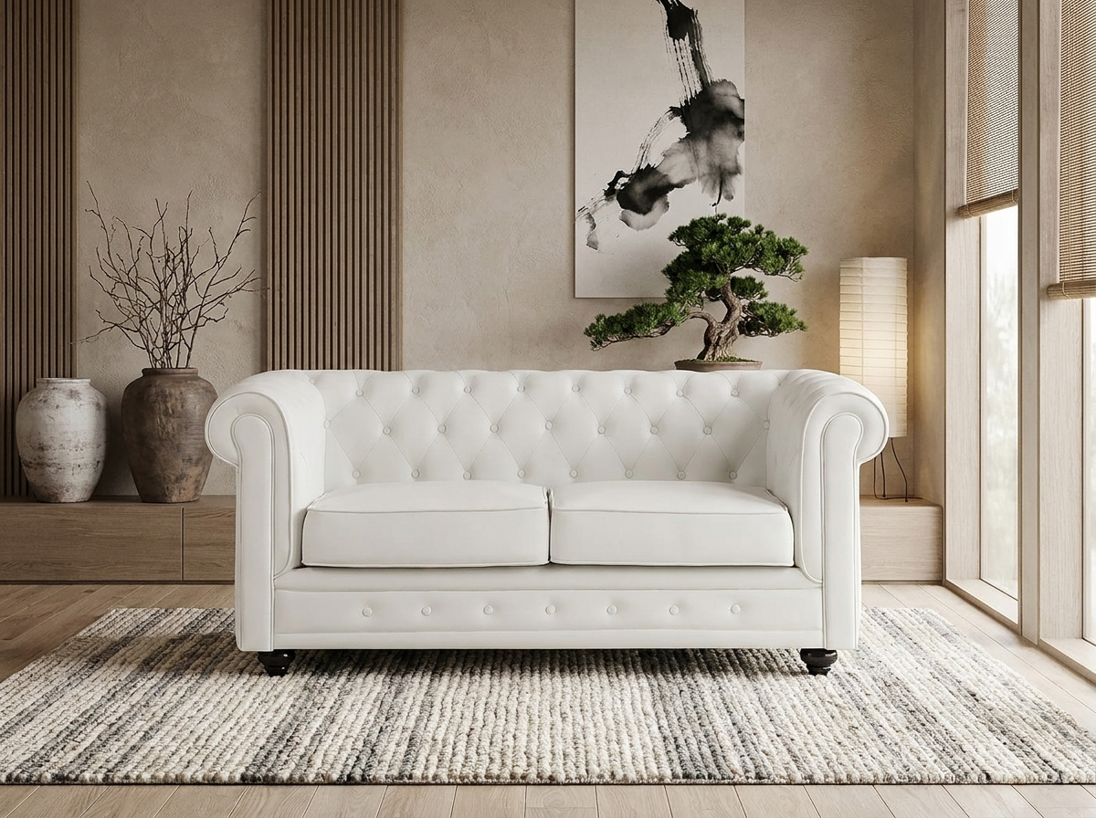 Canapé Chesterfield 2 Places Simili Cuir Blanc