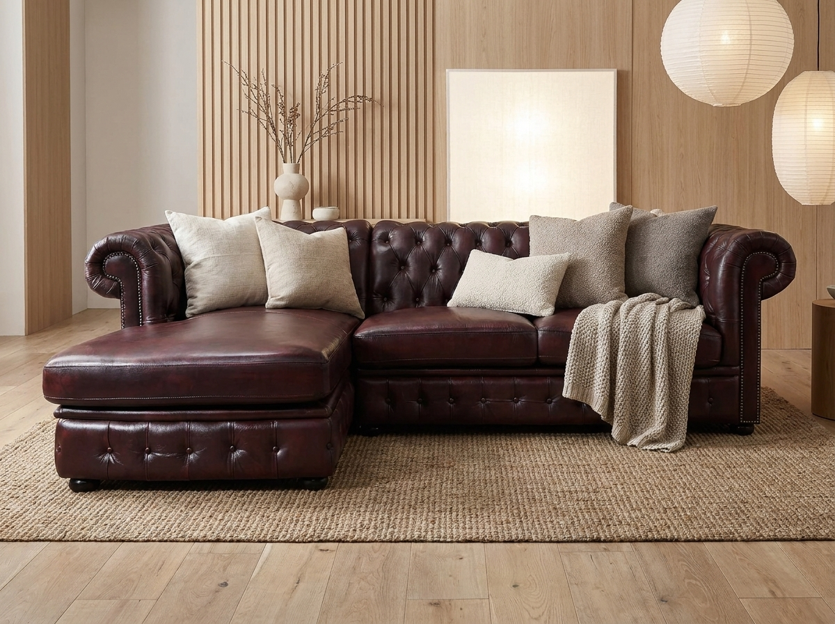 Canapé Chesterfield d'Angle 5 Places Cuir Bordeaux - Brenton