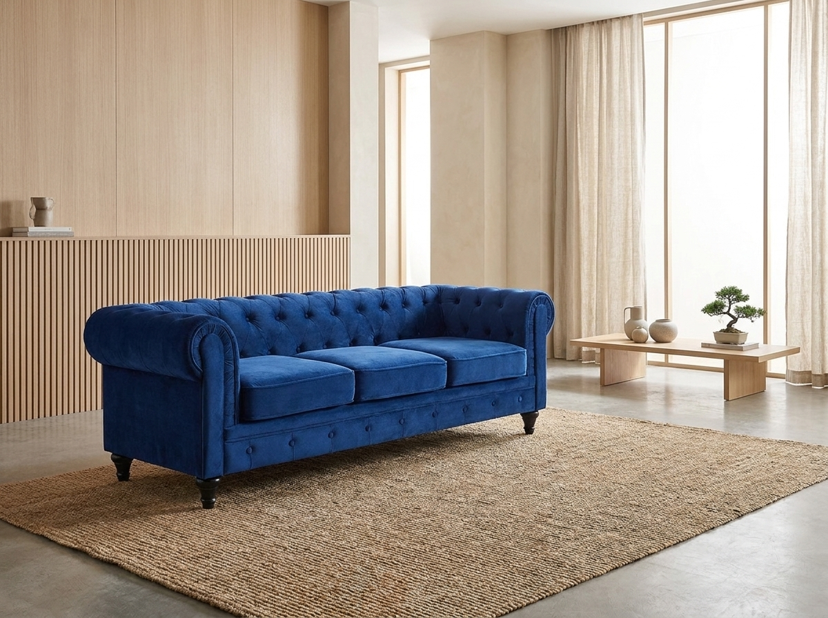 Canapé Chesterfield 3 Places Velours Bleu