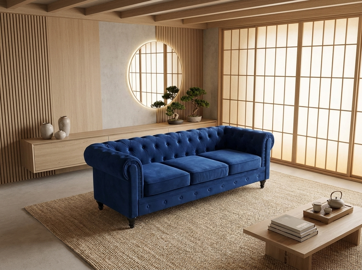 Canapé Chesterfield 3 Places Velours Bleu
