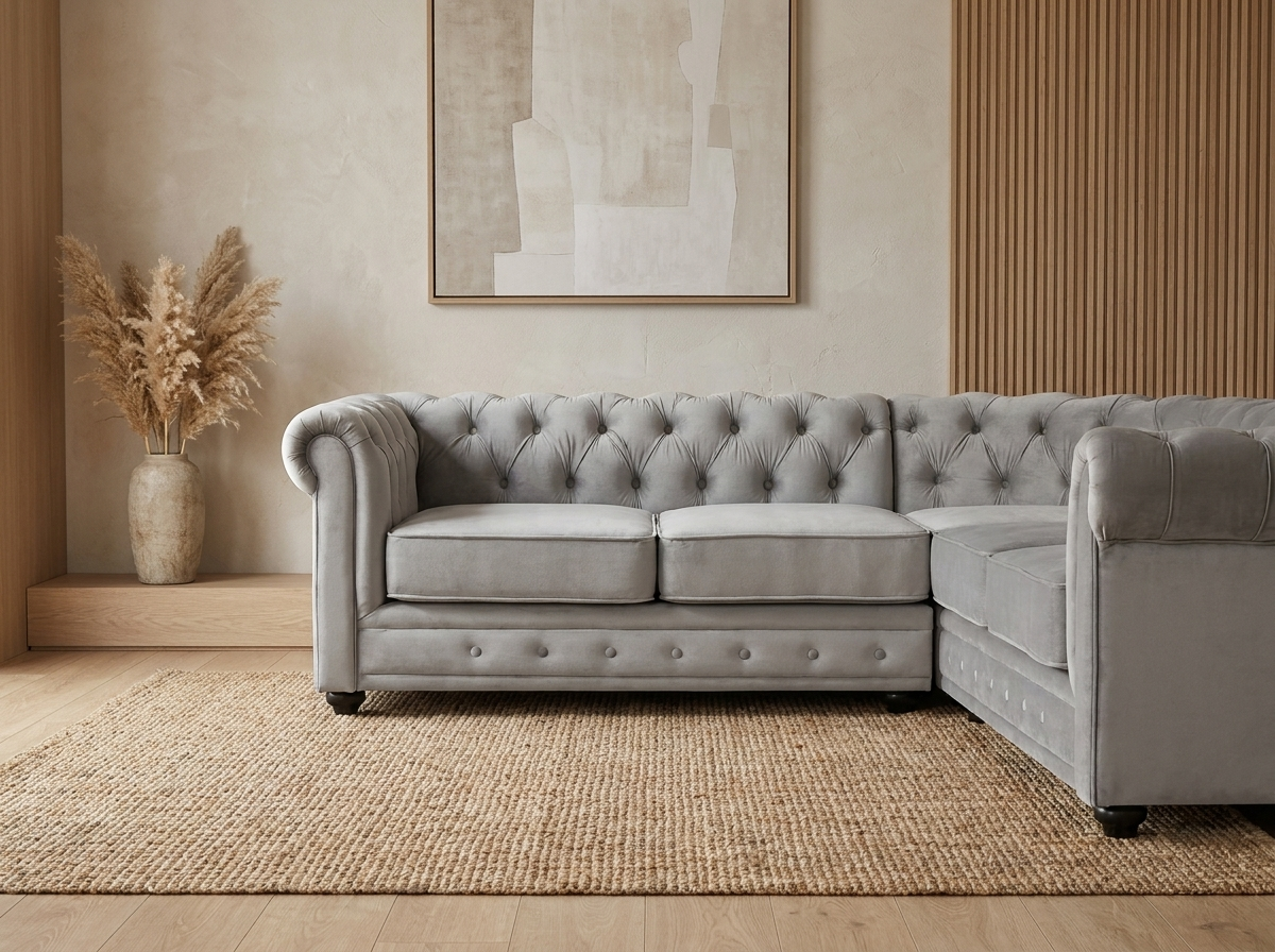 Canapé Chesterfield d'Angle 5 Places Velours Gris Clair