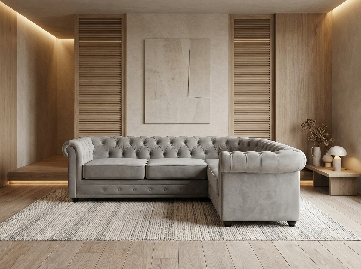 Canapé Chesterfield d'Angle 5 Places Velours Gris Clair